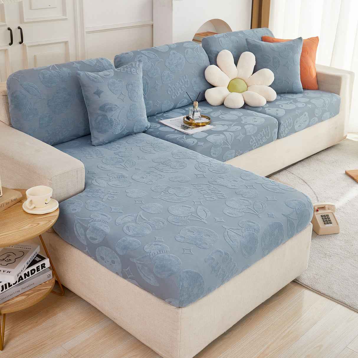 Cherry Cute Cooling Silk Fabric Stretch Couch Cushion Covers, Non-Slip Furniture Protector for Kids