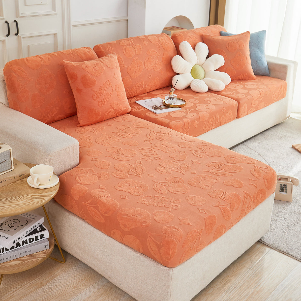 Cherry Cute Cooling Silk Fabric Stretch Couch Cushion Covers, Non-Slip Furniture Protector for Kids