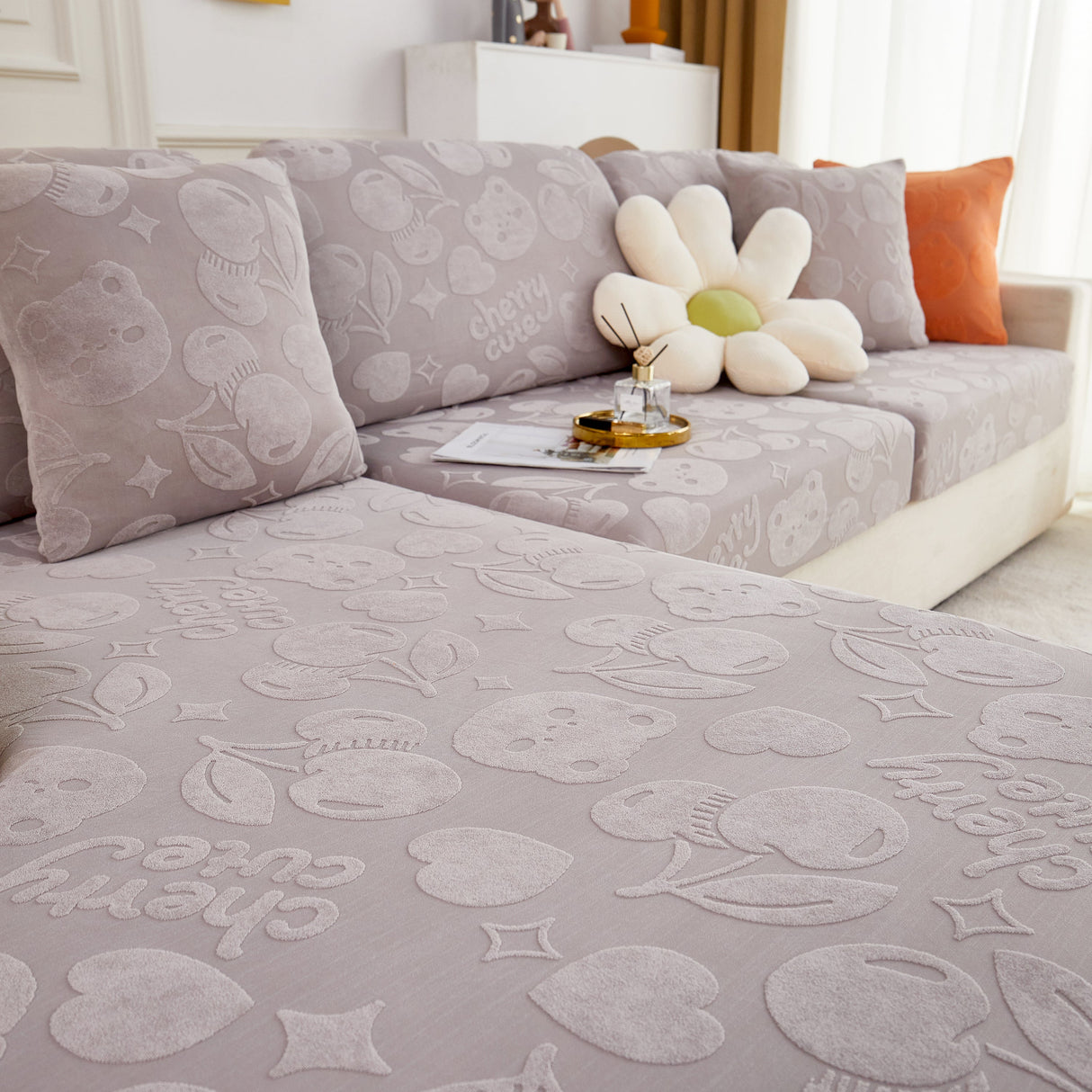 Cherry Cute Cooling Silk Fabric Stretch Couch Cushion Covers, Non-Slip Furniture Protector for Kids