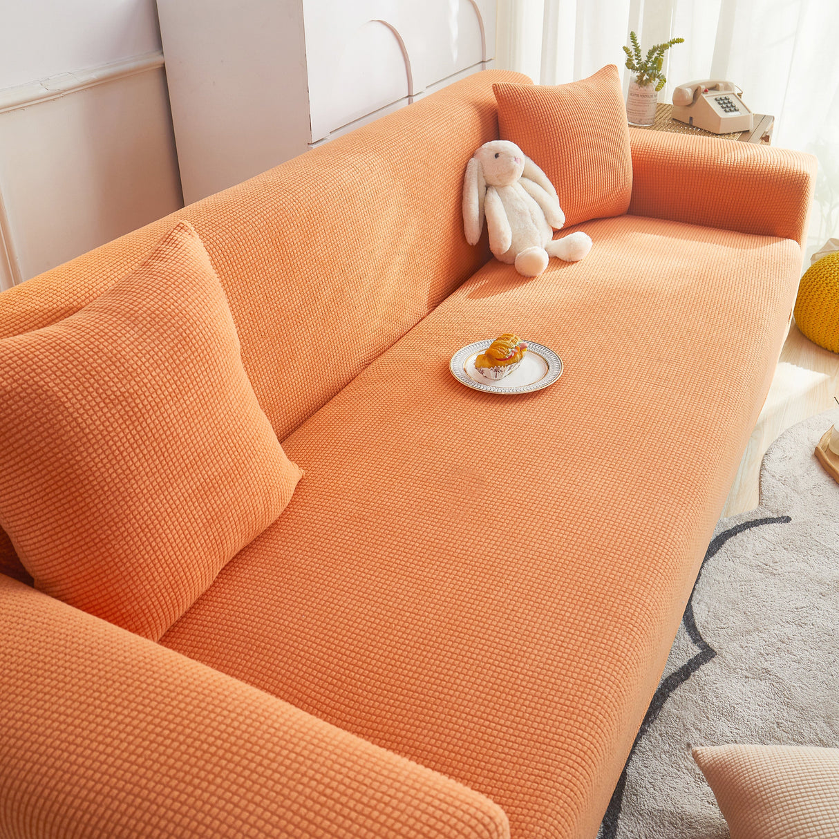 Grid Textured Stretch Sofa Cover, Soft Elastic Slipcover for Couch Protection