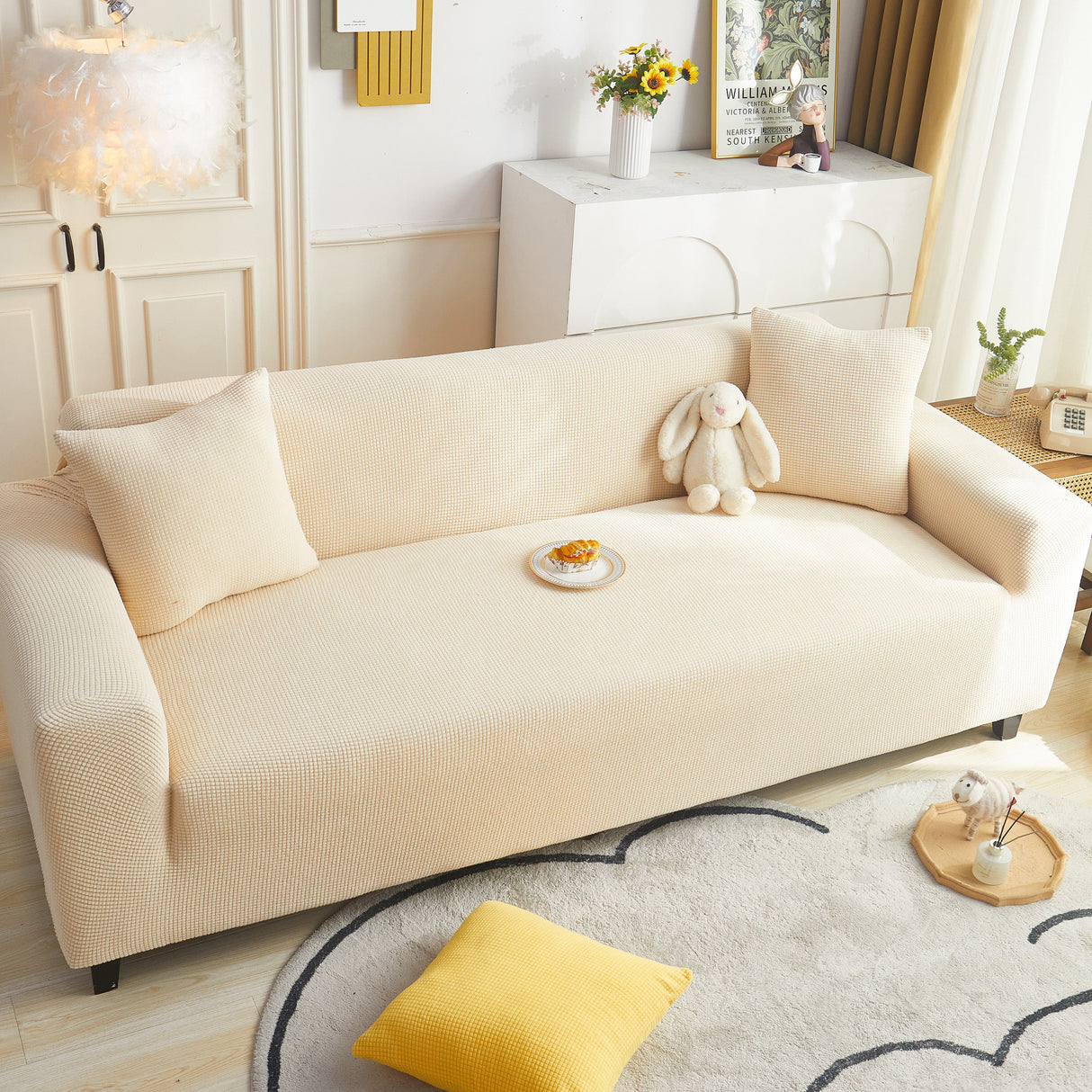 Grid Textured Stretch Sofa Cover, Soft Elastic Slipcover for Couch Protection