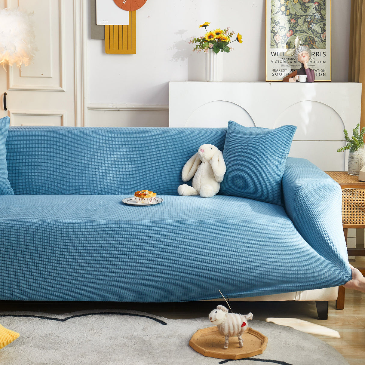 Grid Textured Stretch Sofa Cover, Soft Elastic Slipcover for Couch Protection