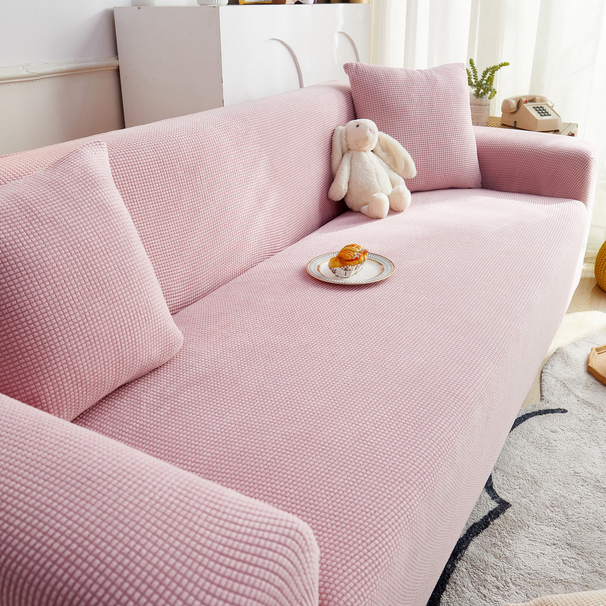 Grid Textured Stretch Sofa Cover, Soft Elastic Slipcover for Couch Protection