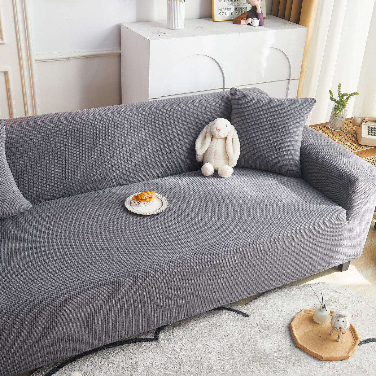 Grid Textured Stretch Sofa Cover, Soft Elastic Slipcover for Couch Protection