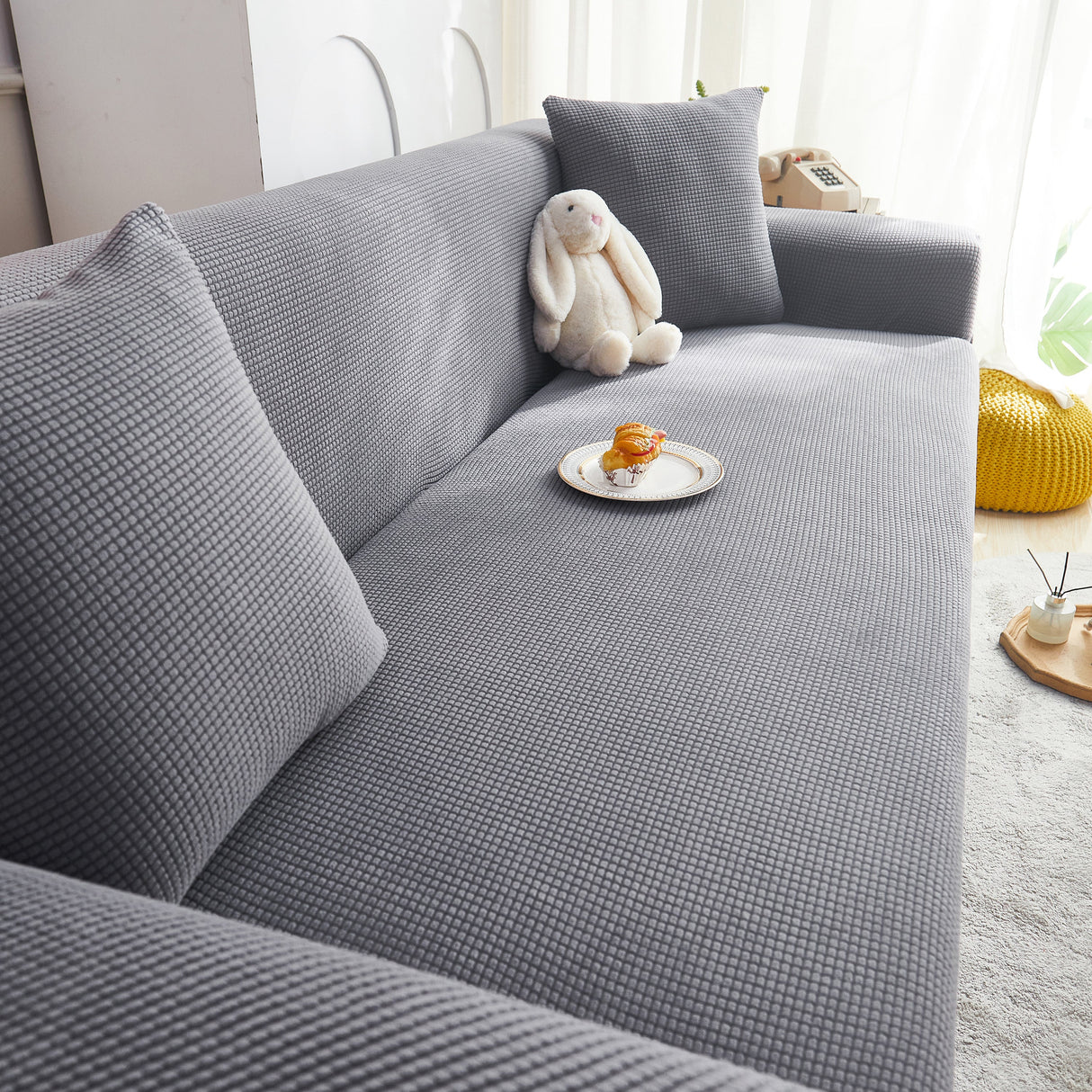 Grid Textured Stretch Sofa Cover, Soft Elastic Slipcover for Couch Protection
