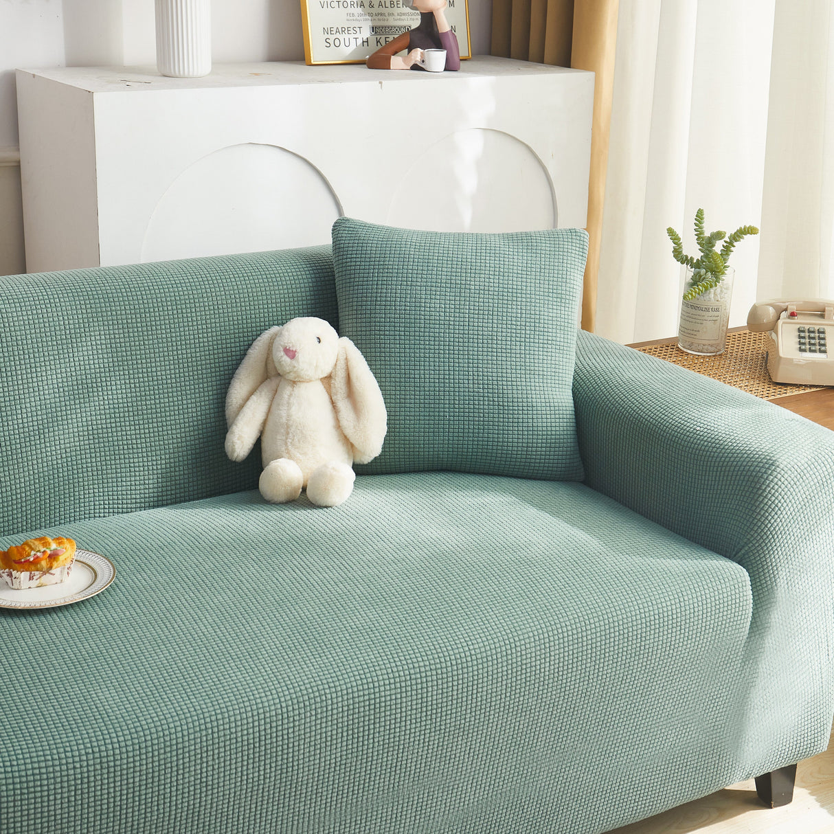 Grid Textured Stretch Sofa Cover, Soft Elastic Slipcover for Couch Protection