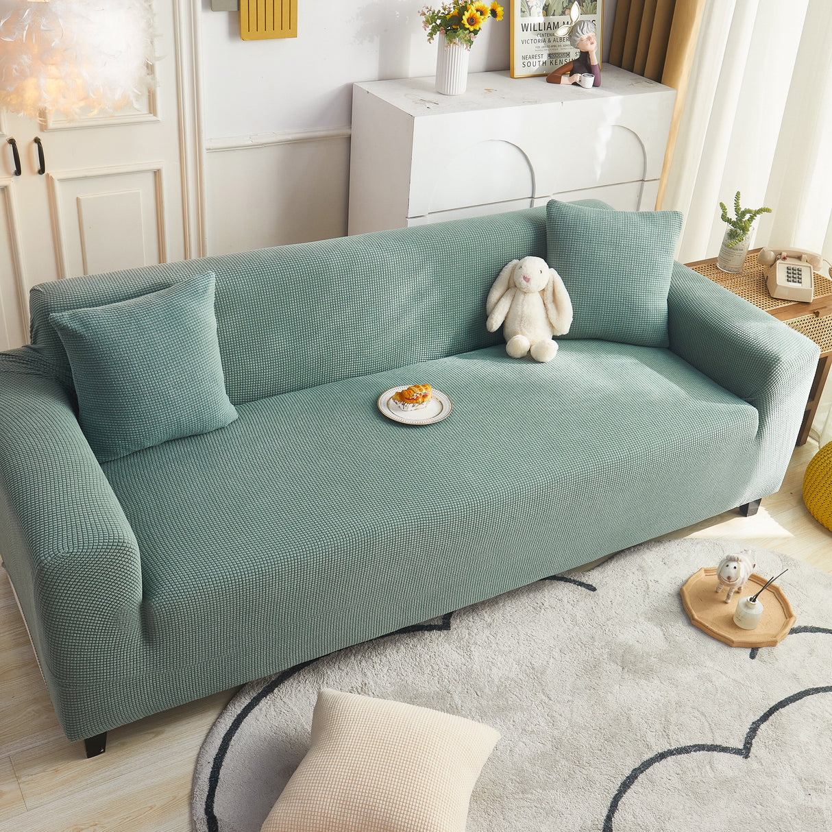 Grid Textured Stretch Sofa Cover, Soft Elastic Slipcover for Couch Protection