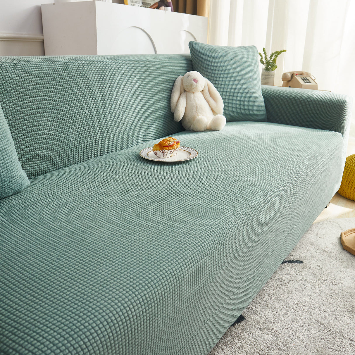 Grid Textured Stretch Sofa Cover, Soft Elastic Slipcover for Couch Protection