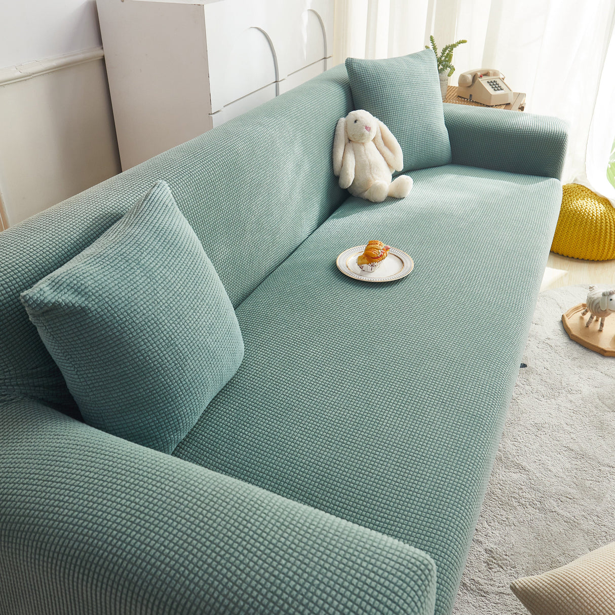 Grid Textured Stretch Sofa Cover, Soft Elastic Slipcover for Couch Protection