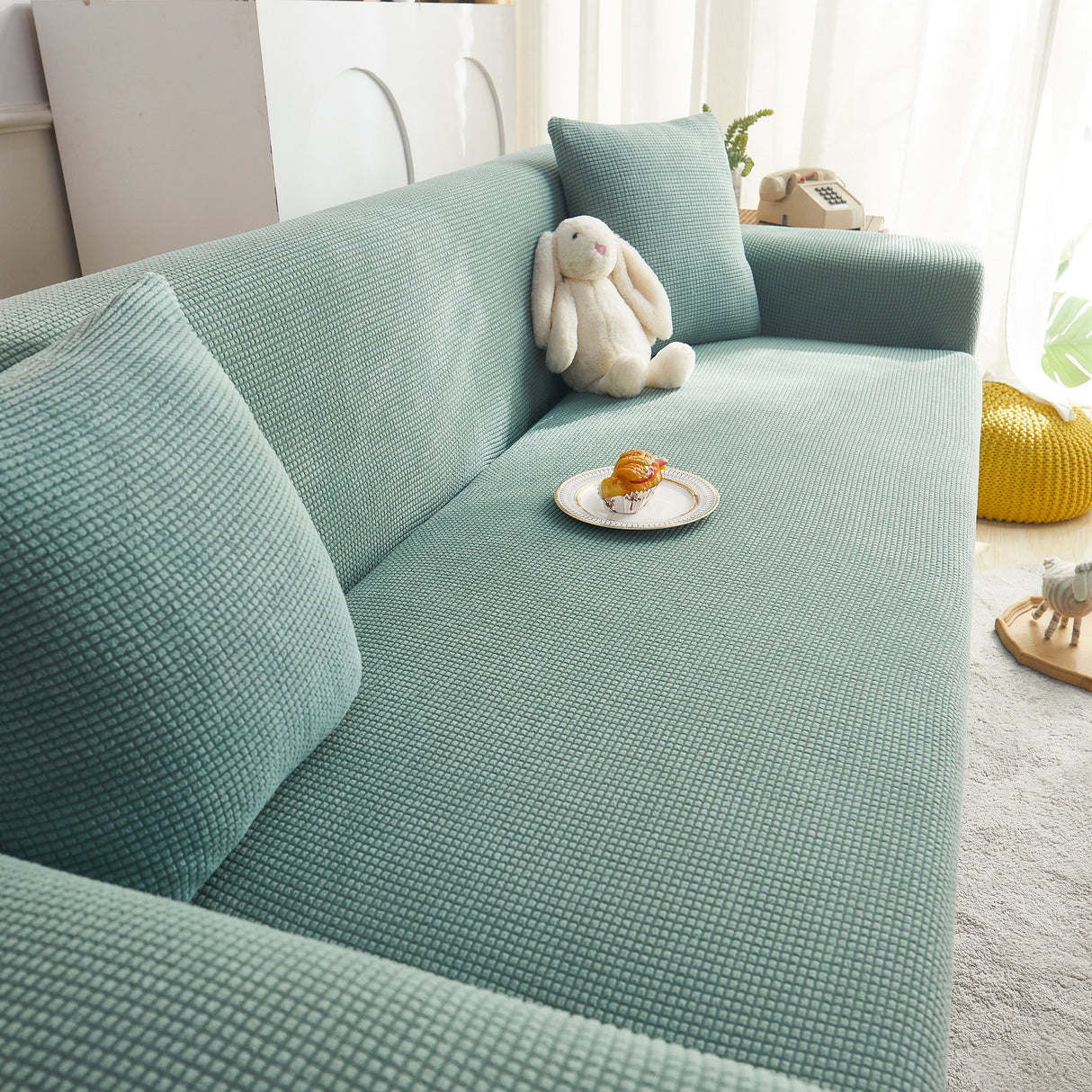 Grid Textured Stretch Sofa Cover, Soft Elastic Slipcover for Couch Protection