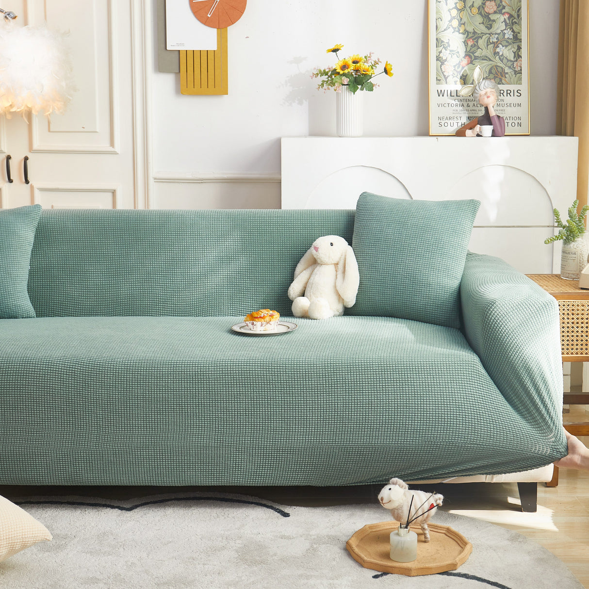 Grid Textured Stretch Sofa Cover, Soft Elastic Slipcover for Couch Protection