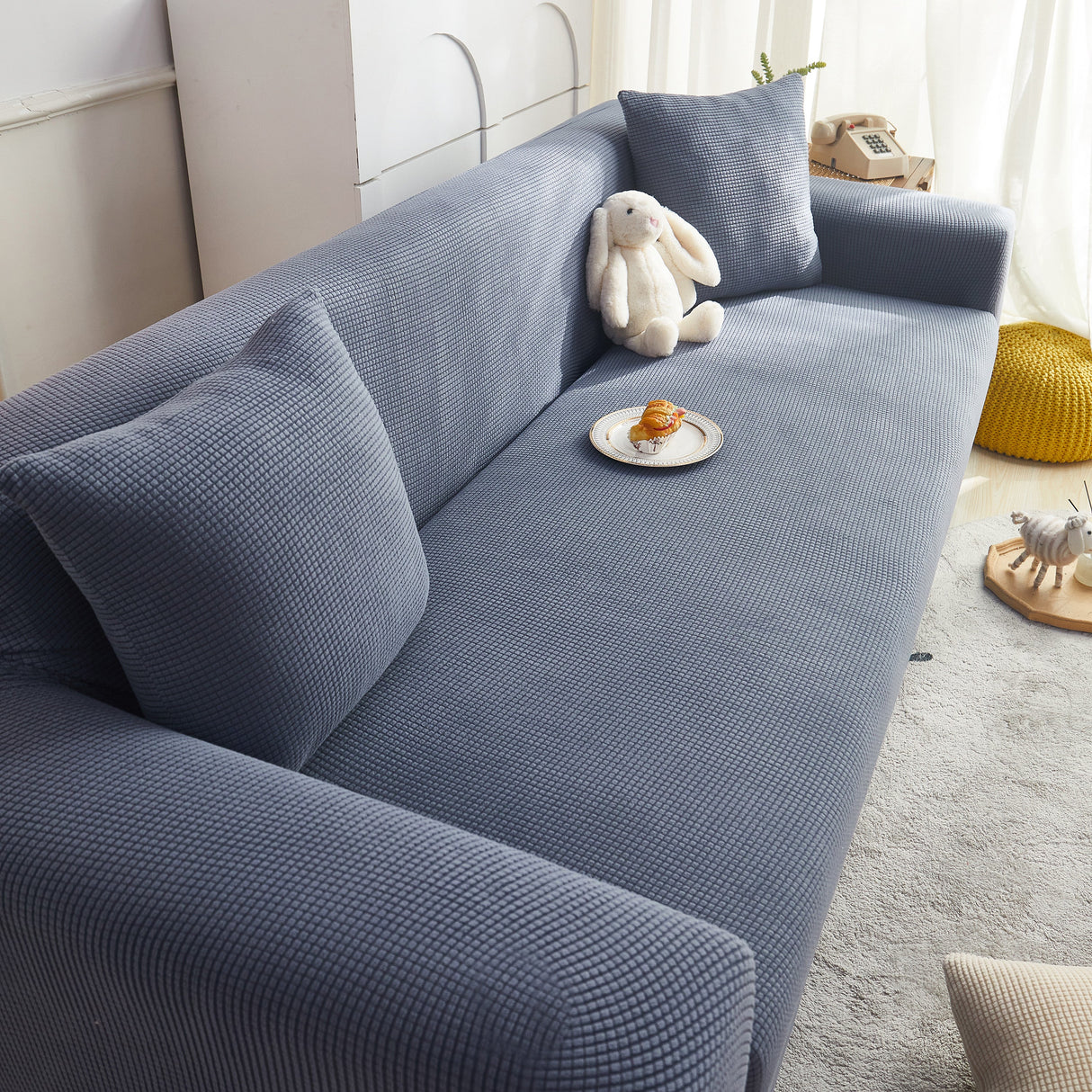 Grid Textured Stretch Sofa Cover, Soft Elastic Slipcover for Couch Protection