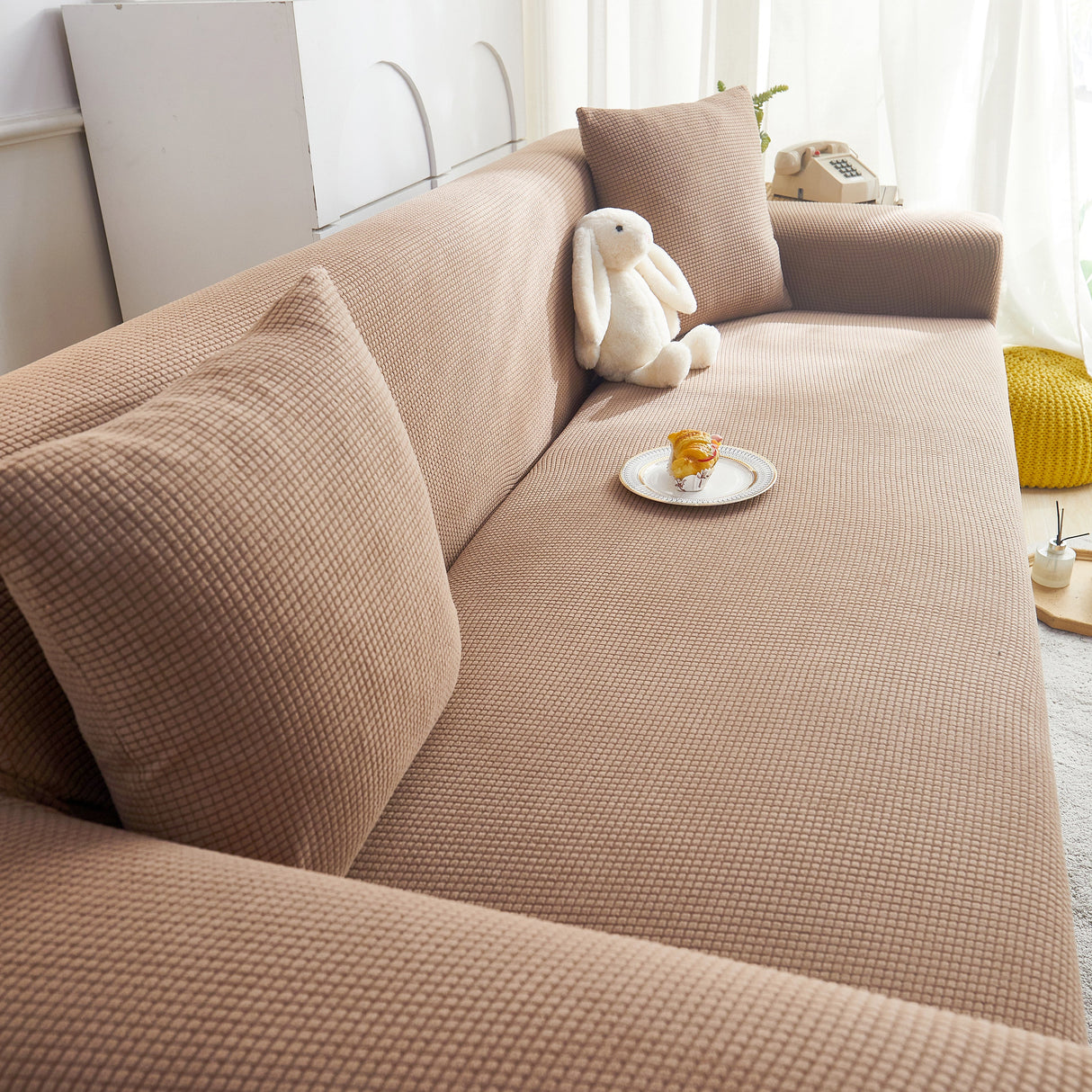 Grid Textured Stretch Sofa Cover, Soft Elastic Slipcover for Couch Protection