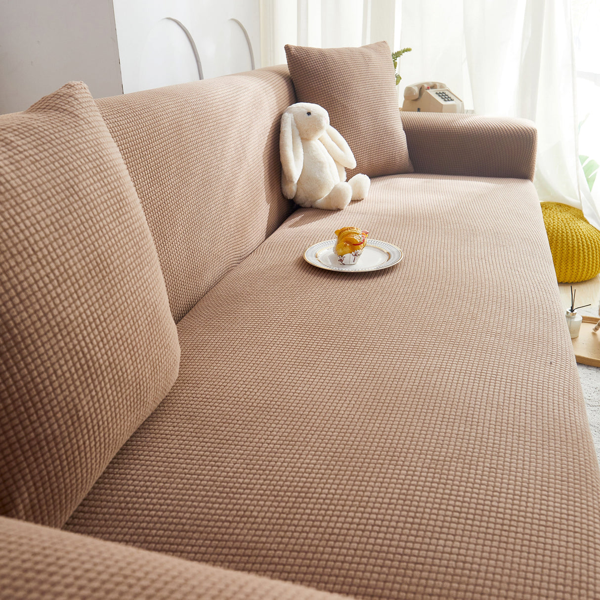 Grid Textured Stretch Sofa Cover, Soft Elastic Slipcover for Couch Protection