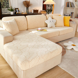 Leaf Pattern Jacquard Fabric Stretchable Cushion Cover, Non-Slip Furniture Protector for Kids, L Shaped Couch Covers