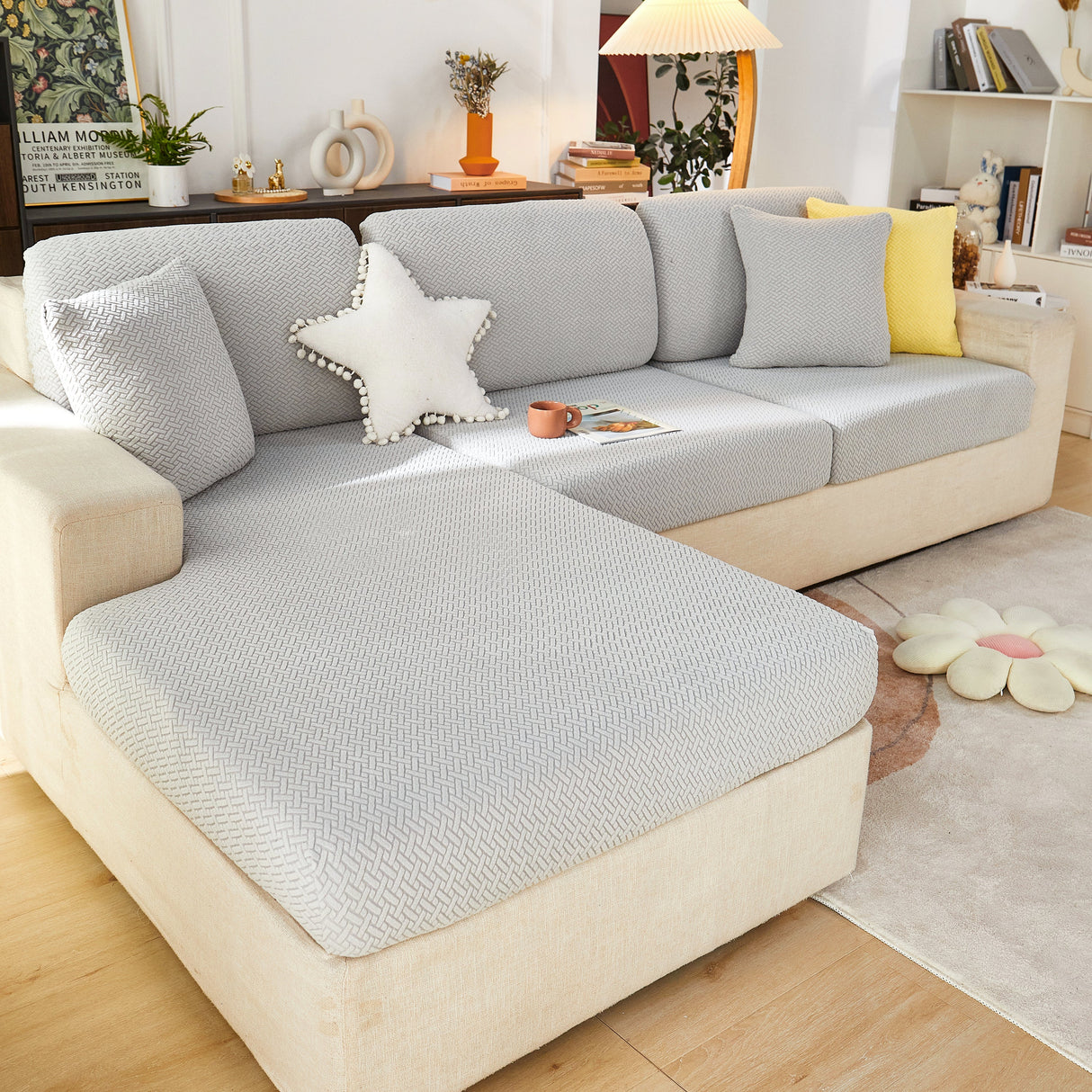 High Stretch Separate Cushion Covers Sofa Slipcover for L-Shaped Sectional Couch