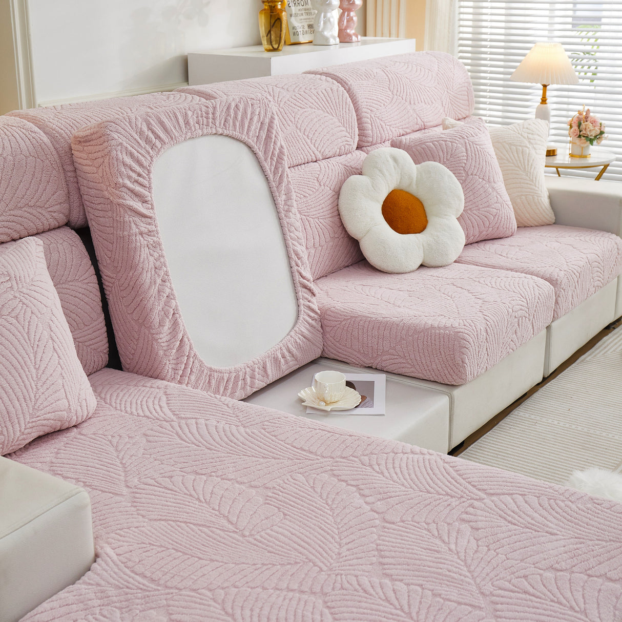 Cozy Plush Coral Fleece Sofa Cushion Slipcovers, Stretch Leaves Cushion Covers, Furniture Slipcovers