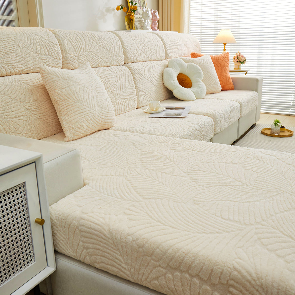 Cozy Plush Coral Fleece Sofa Cushion Slipcovers, Stretch Leaves Cushion Covers, Furniture Slipcovers