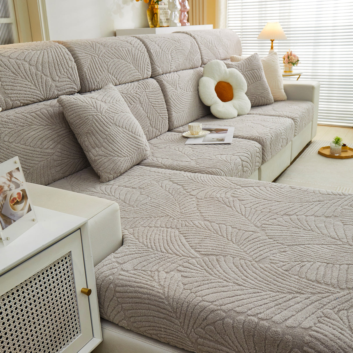 Cozy Plush Coral Fleece Sofa Cushion Slipcovers, Stretch Leaves Cushion Covers, Furniture Slipcovers