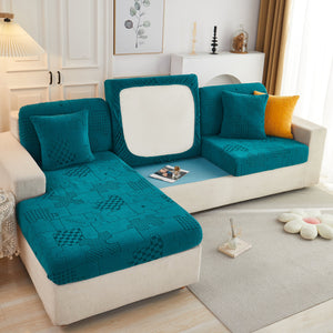 Happy Puzzle Jacquard Fleece Stretchable Cushion Cover, Non-Slip L Shaped Couch Covers for Pets