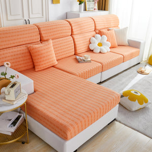 Love Stripe Jacquard Fleece Fabric Stretch Cushion Cover, Non-Slip Furniture Protector for Kids, Couch Cushion Covers