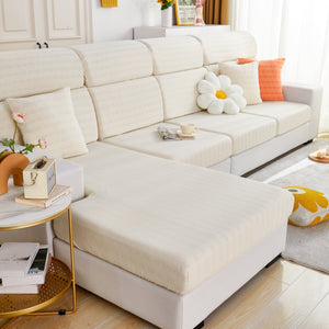 Love Stripe Jacquard Fleece Fabric Stretch Cushion Cover, Non-Slip Furniture Protector for Kids, Couch Cushion Covers