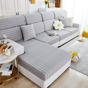 Love Stripe Jacquard Fleece Fabric Stretch Cushion Cover, Non-Slip Furniture Protector for Kids, Couch Cushion Covers