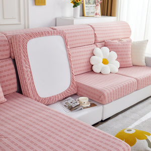 Love Stripe Jacquard Fleece Fabric Stretch Cushion Cover, Non-Slip Furniture Protector for Kids, Couch Cushion Covers