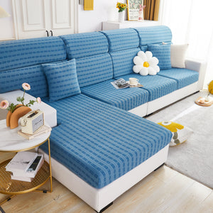 Love Stripe Jacquard Fleece Fabric Stretch Cushion Cover, Non-Slip Furniture Protector for Kids, Couch Cushion Covers