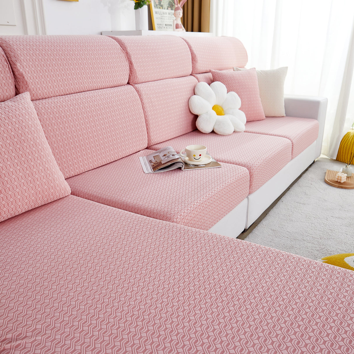 Growth Rings Jacquard Fleece Fabric Stretch Cushion Cover, Non-Slip Furniture Protector for Kids, Couch Cushion Covers