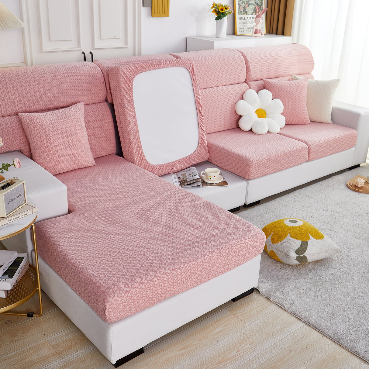 Growth Rings Jacquard Fleece Fabric Stretch Cushion Cover, Non-Slip Furniture Protector for Kids, Couch Cushion Covers