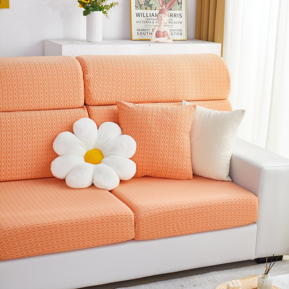 Growth Rings Jacquard Fleece Fabric Stretch Cushion Cover, Non-Slip Furniture Protector for Kids, Couch Cushion Covers