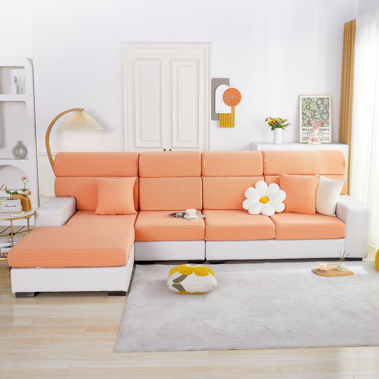 Growth Rings Jacquard Fleece Fabric Stretch Cushion Cover, Non-Slip Furniture Protector for Kids, Couch Cushion Covers