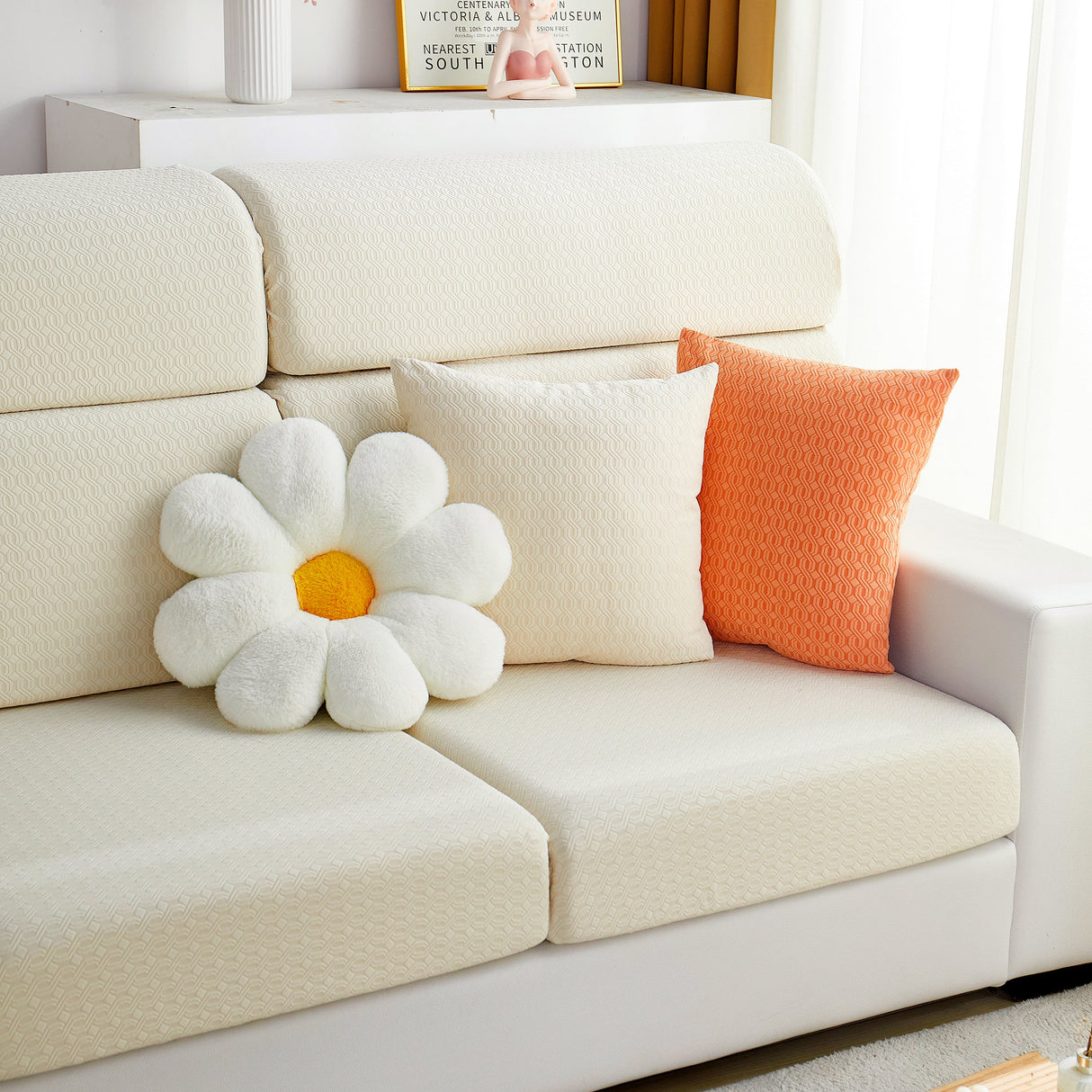 Growth Rings Jacquard Fleece Fabric Stretch Cushion Cover, Non-Slip Furniture Protector for Kids, Couch Cushion Covers