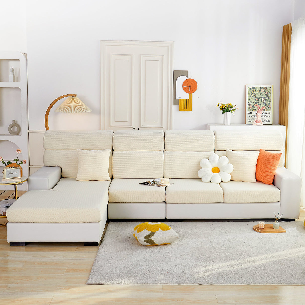 Growth Rings Jacquard Fleece Fabric Stretch Cushion Cover, Non-Slip Furniture Protector for Kids, Couch Cushion Covers