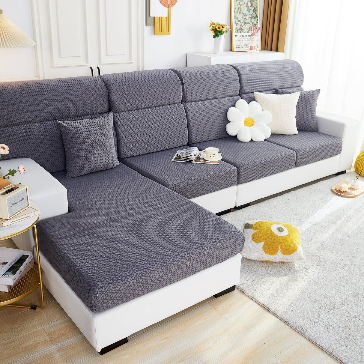 Growth Rings Jacquard Fleece Fabric Stretch Cushion Cover, Non-Slip Furniture Protector for Kids, Couch Cushion Covers