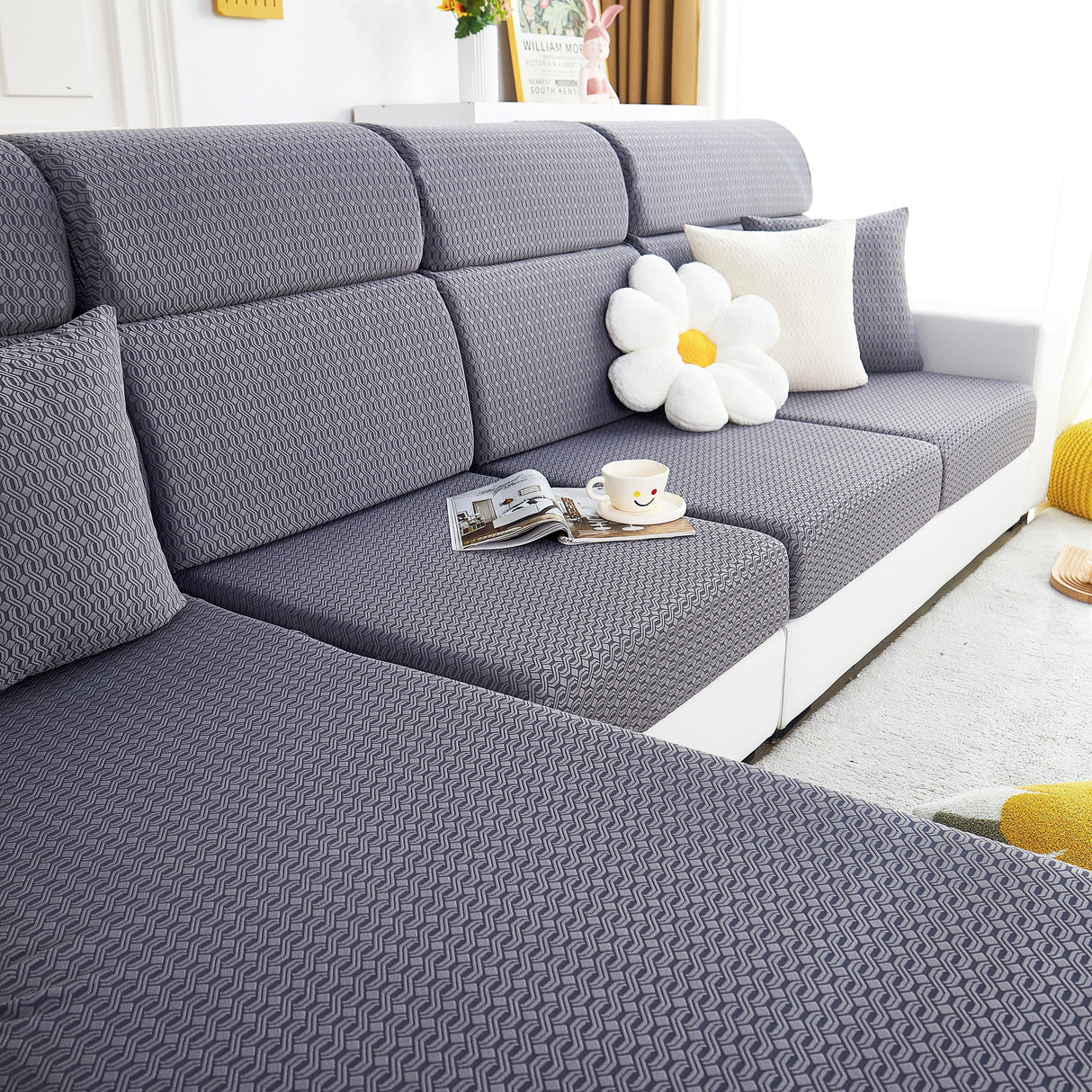 Growth Rings Jacquard Fleece Fabric Stretch Cushion Cover, Non-Slip Furniture Protector for Kids, Couch Cushion Covers