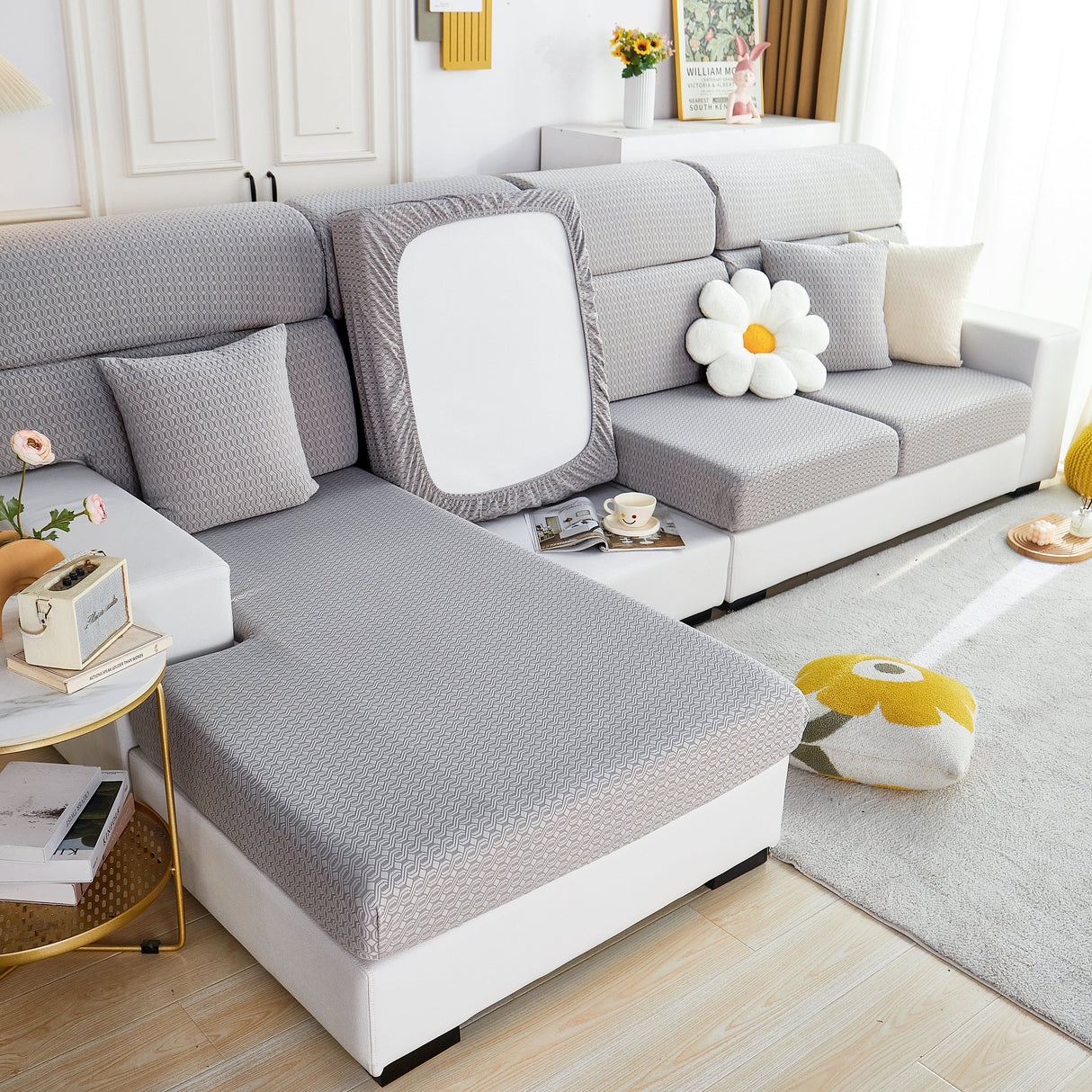 Growth Rings Jacquard Fleece Fabric Stretch Cushion Cover, Non-Slip Furniture Protector for Kids, Couch Cushion Covers