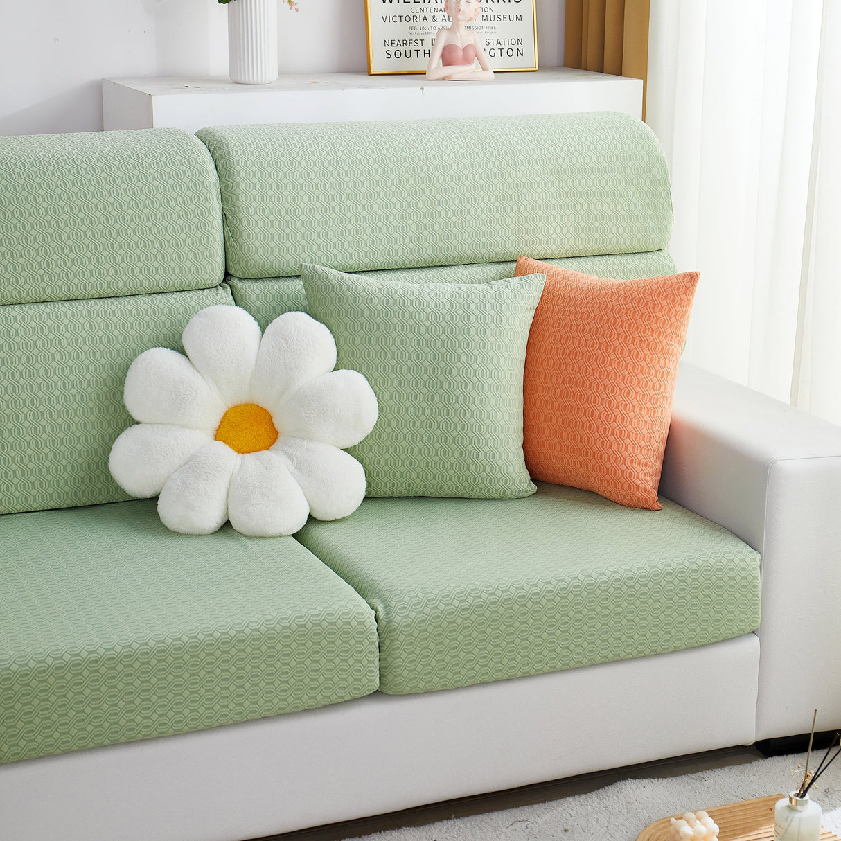 Growth Rings Jacquard Fleece Fabric Stretch Cushion Cover, Non-Slip Furniture Protector for Kids, Couch Cushion Covers