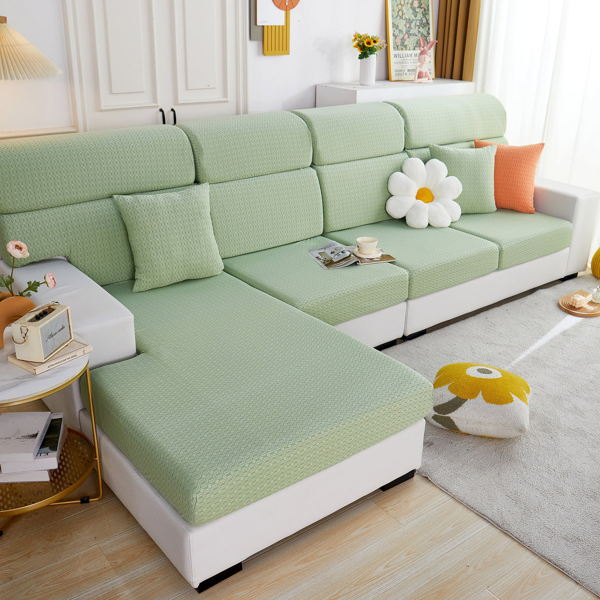 Growth Rings Jacquard Fleece Fabric Stretch Cushion Cover, Non-Slip Furniture Protector for Kids, Couch Cushion Covers