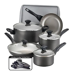 Farberware Dishwasher Safe Nonstick Cookware Pots and Pans Set 15 Piece Pewter