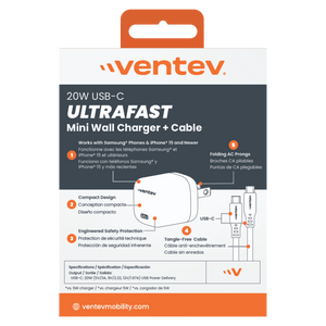 Ventev 20W ULTRAFAST USB C Universal Wall Charger and USB C to USB C Cable by Ventev