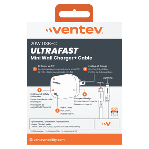 Ventev 20W ULTRAFAST USB C Universal Mini Wall Charger and USB C to Apple Lightning Cable by Ventev