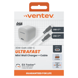 Ventev 30W ULTRAFAST USB C Universal GaN Mini Wall Charger and USB C to USB C Cable by Ventev