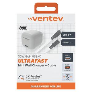 Ventev 30W ULTRAFAST USB C Universal GaN Mini Wall Charger and USB C to USB C Cable by Ventev