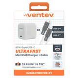 Ventev 45W USB-C GaN Mini Wall Charger w/ 5A USB-C to USB-C Cable by Ventev