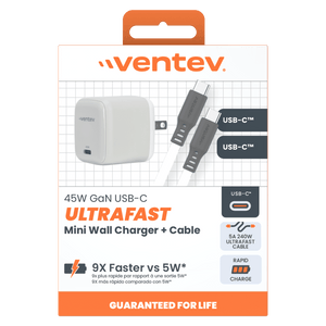 Ventev 45W USB-C GaN Mini Wall Charger w/ 5A USB-C to USB-C Cable by Ventev