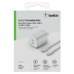 Belkin 65W Dual USB C GaN Wall Charger with PPS and USB C to USB C Cable by Belkin