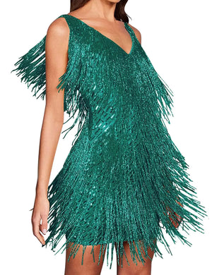 houstil V Neck Sequin Dress for Women Cami 1920s Gatsby Flapper Dresses Tie Back Formal Club Party Evening Gown(Green M)