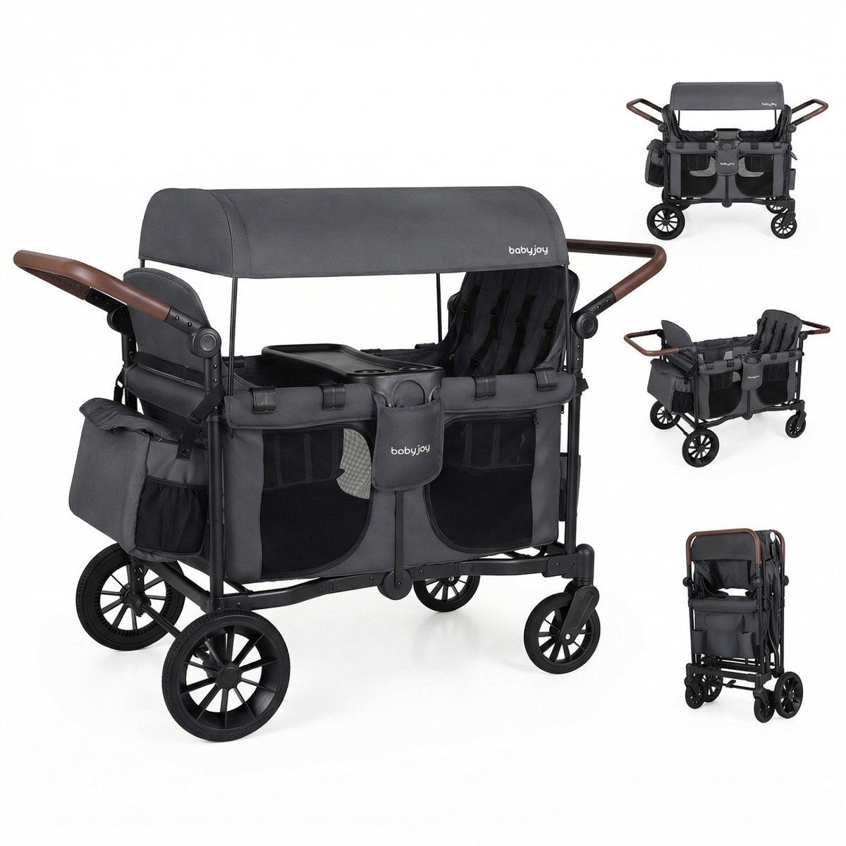 Wagon Stroller for 4 Kids Foldable 4-Seater Push-Pull Toddler Stroller-Gray